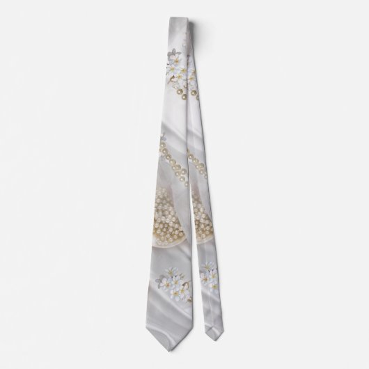 Witte Zijde en Ivory Champaign Pearls Stropdas (Voorkant)