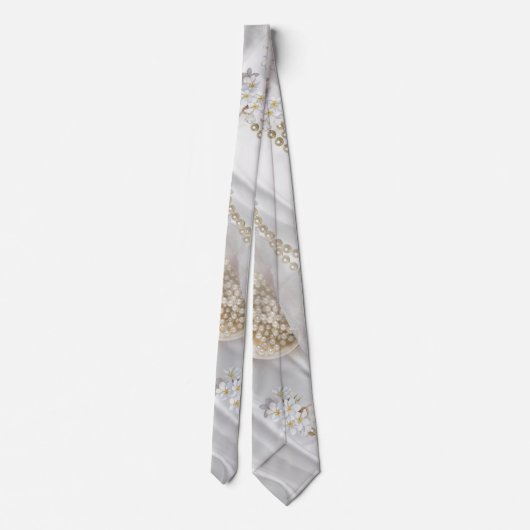 Witte Zijde en Ivory Champaign Pearls Stropdas (Achterkant)