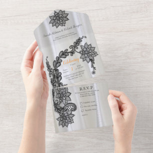 Witte zijde met zwart kant all in one uitnodiging