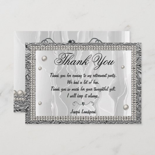 Witte zijde, witte parels & zilver Dank u Notitiekaartje (Voorkant / Achterkant)