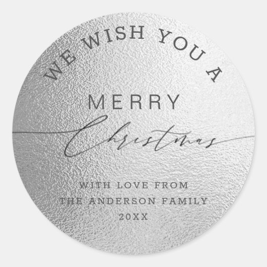 Witte Zilver Folie Chic Script Prettig Kerstmis Ronde Sticker (Voorkant)