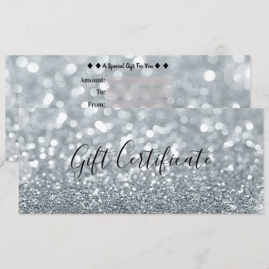 Witte Zilver Glitter Glam Cadeaubon Kaart (Voorkant / Achterkant)