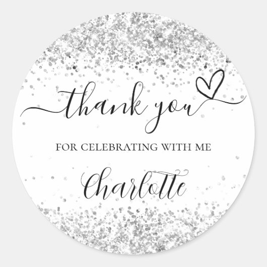 Witte zilveren glittersparkling bedankt ronde sticker (Voorkant)
