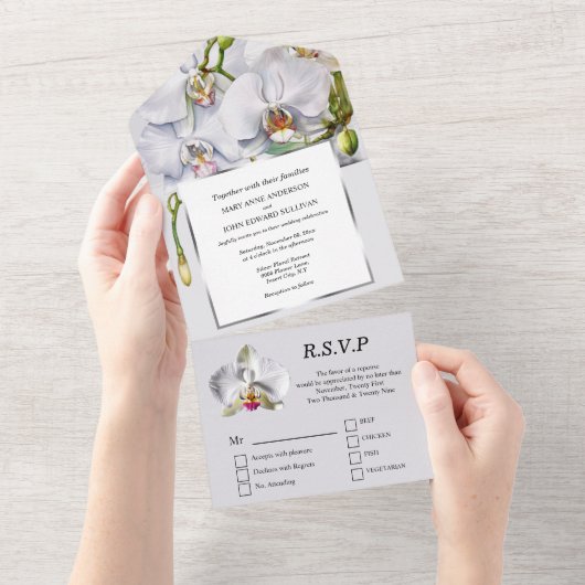 Witte zilveren orchidee chique bloem bruiloft luxe all in one uitnodiging (Afscheurbaar)