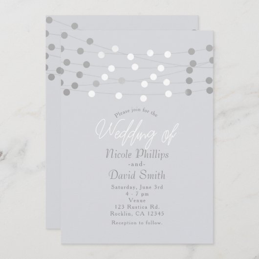 Witte Zilveren String Lights Moderne Chique Bruilo Kaart (Voorkant / Achterkant)