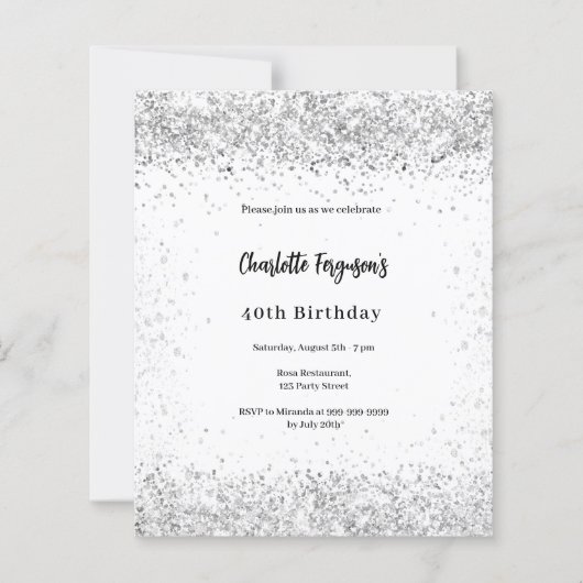 Witte zilveren verjaardagsuitnodiging (Voorkant)