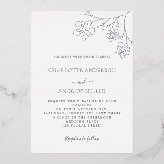 Witte zilverkleurige bruine bruiloft folie uitnodiging (Voorkant)