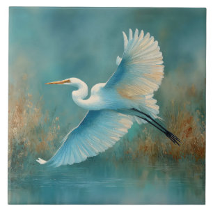 Witte Zilverreiger in Vlucht Aquarel Tegeltje