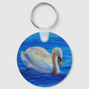 Witte zwaan aquarel schilderij, watervogels, vogel sleutelhanger