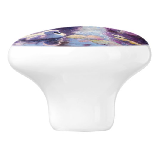 Witte Zwaan en Cygnet met Paarse Rozen Keramische Knop (Zijkant)