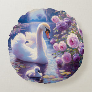 Witte Zwaan en Cygnet met Paarse Rozen Rond Kussen