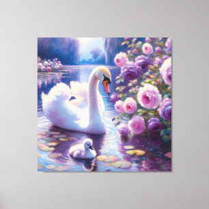 Witte Zwaan en Zwanenjong met Paarse Rozen Canvas Afdruk