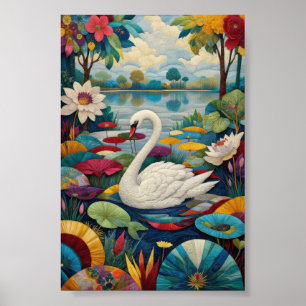 Witte Zwaan Levendig Maximalistische Volks Kunst Poster