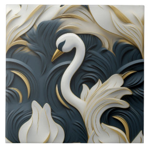 Witte zwaan met blauwe bladreliëf effect tegeltje