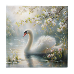 Witte zwaan op Lake Floral Painting Tegeltje