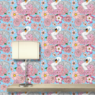 Witte zwaan roze bloemen behang