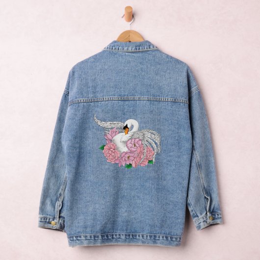 Witte zwaan roze bloemen denim jacket (Hangar)