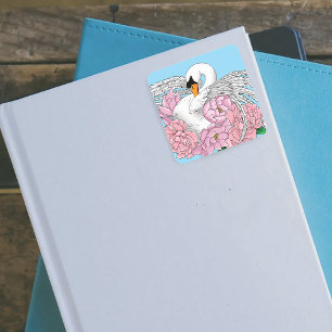 Witte zwaan roze bloemen vierkante sticker