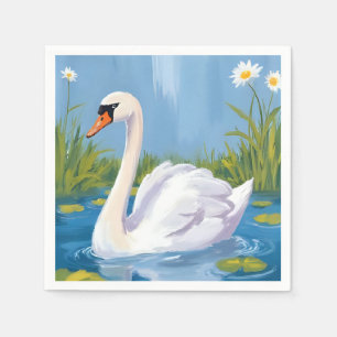 Witte Zwaan Vijver Aquarel Vogel Schilderij Servet
