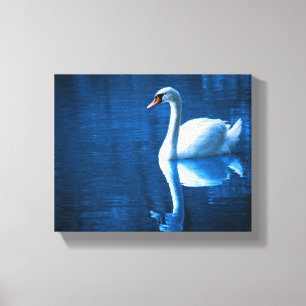  witte zwaluw die drijft op een blauw meer canvas afdruk