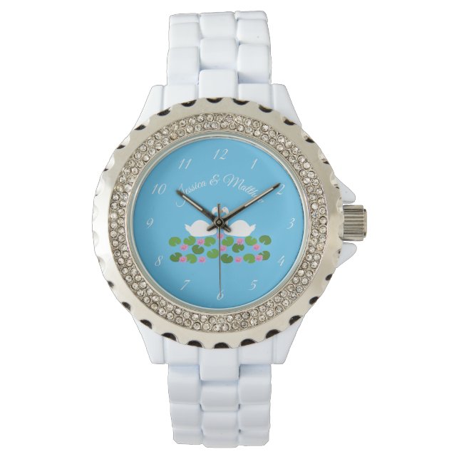Witte zwanen en waterlelies Bruiloft Custom Horloge (Voorkant)