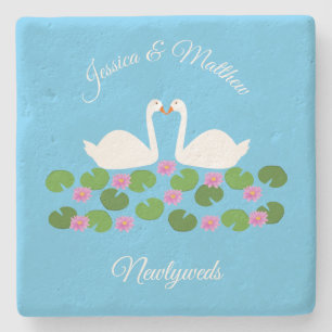 Witte zwanen en waterlelies Bruiloft Custom Stenen Onderzetter