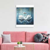Witte zwanen op het meer canvas afdruk (Insitu (Woonkamer))