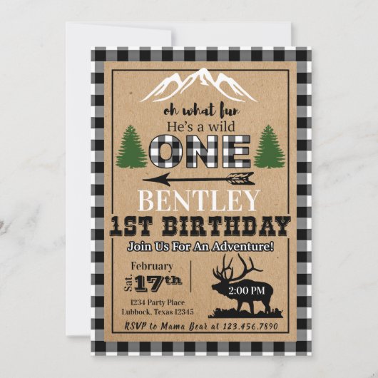 Witte zwarte Buffalo Plaid Moose Verjaardag Uitnod Kaart (Voorkant)