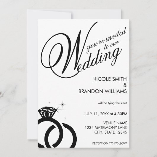 Witte & Zwarte Diamanten Ring Bruiloft Kaart (Voorkant)