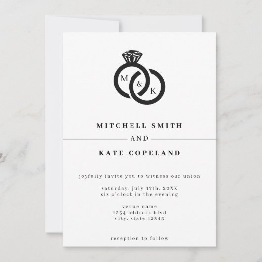 Witte & Zwarte Diamanten Ring Monogram Bruiloft Kaart (Voorkant)