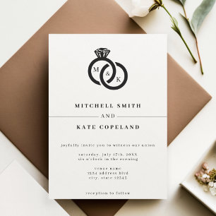Witte & Zwarte Diamanten Ring Monogram Bruiloft Kaart