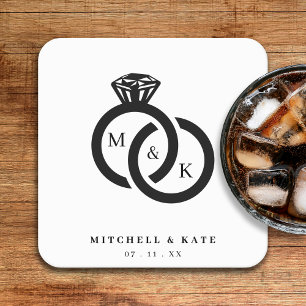 Witte & Zwarte Diamanten Ring Monogram Bruiloft Vierkante Kartonnen Onderzetter
