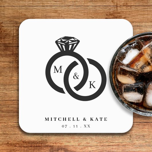 Witte & Zwarte Diamanten Ring Monogram Bruiloft Vierkante Kartonnen Onderzetter
