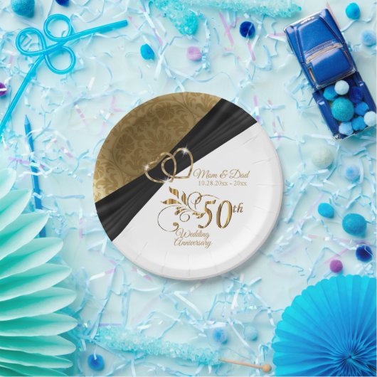 Witte, zwarte en gouden 50e Golden Jubileum Papieren Bordje (Feest)