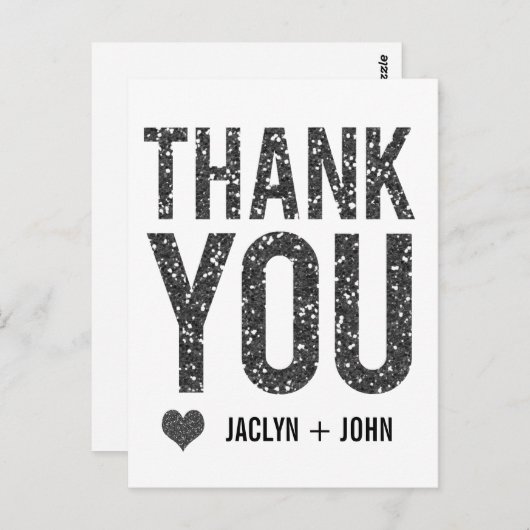 Witte & Zwarte Glitter bruiloft Dank u Briefkaart (Voorkant / Achterkant)