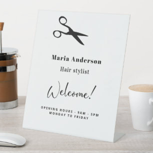 Witte zwarte haarstylist openingstijden welkom reclamebord met voetstuk
