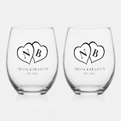 Witte & Zwarte Hart Monogram Bruiloft Wijnglas Zonder Voet (Voorkant)