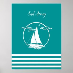 Witte zweefboot silhouette/Sail away/aqua Poster