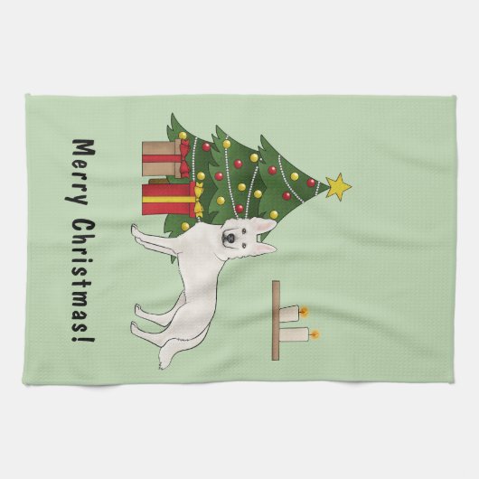 Witte Zwitserse Herder GSD Groene Kerstboom Theedoek (Horizontaal)