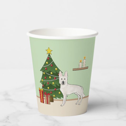 Witte Zwitserse Herder GSD Hond Groene Kerstboom Papieren Bekers (Voorkant)