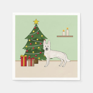 Witte Zwitserse Herder GSD Hond Groene Kerstboom Servet
