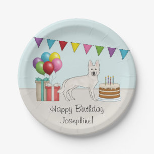 Witte Zwitserse Herdershond Cartoonhond Kleurrijke Papieren Bordje