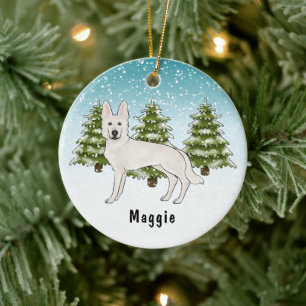 Witte Zwitserse Herdershond Witte GSD-hond Winterb Keramisch Ornament