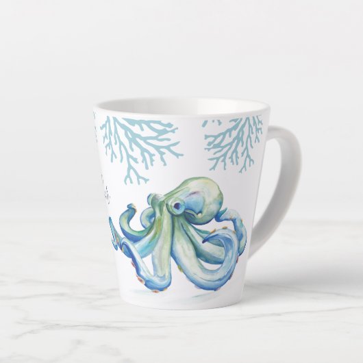 Witty Blue Waterverf Octopus Coastal Latte Mok (Rechterhoek)