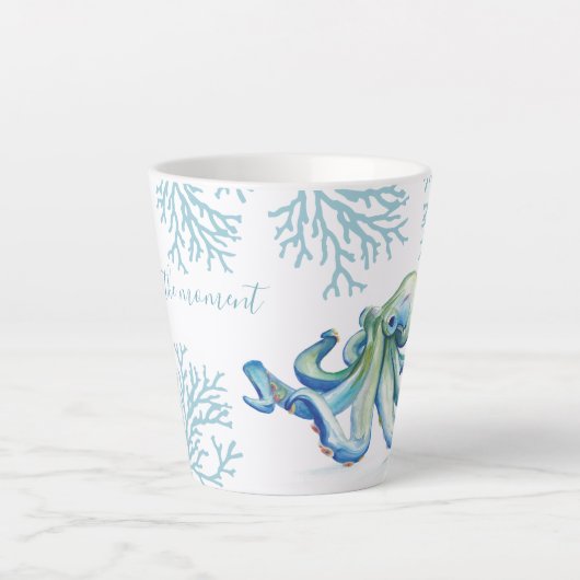 Witty Blue Waterverf Octopus Coastal Latte Mok (Voorkant)