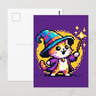 Wizard Cat - Magische Pixel Art Fantasy Design Briefkaart