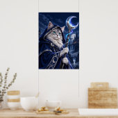 Wizard Cat Moon Magic Fantasy Art Poster (Cuisine)