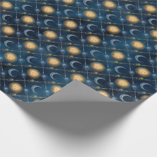Wizard Wand Celestial Sun Moon Blue Background Cadeaupapier (Hoek)