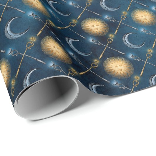 Wizard Wand Celestial Sun Moon Blue Background Cadeaupapier (Rol Hoek)