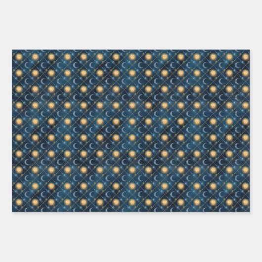 Wizard Wand Celestial Sun Moon Blue Background Inpakpapier Vel (Voorkant)